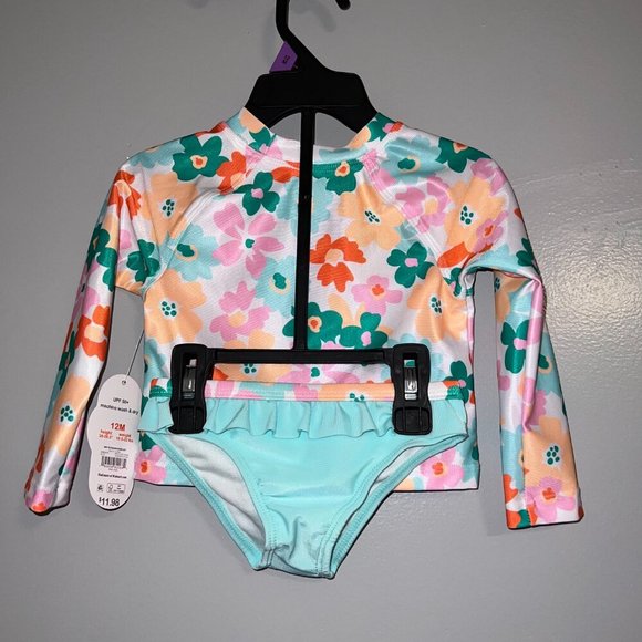 NWT Wonder Nation Toddler Girl Long Sleeve Rash Guard Set Aqua Reef Size 12M - Picture 5 of 6